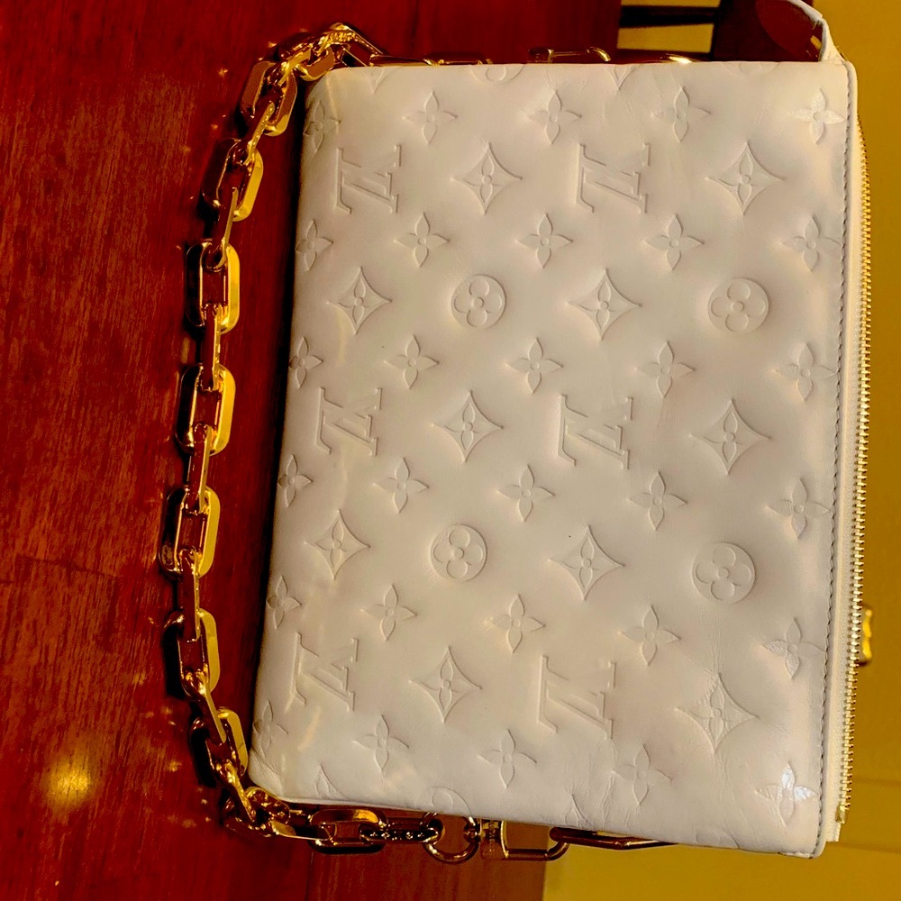 Authentic Louis Vuitton White Embossed purse with Gold Chain, rare cream color.